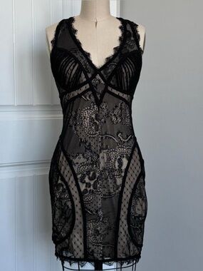 Y2K Bebe Black/tan Patch Work Lace Body Con Mini Dress Sexy Club Wear Size M